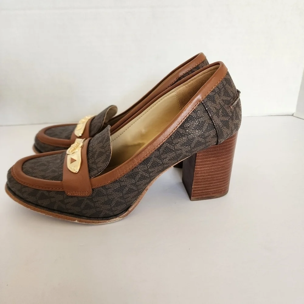 Michael Kors “Jackie” Monogram Canvas & Leather Block-Heel Loafer Size 7.5 M